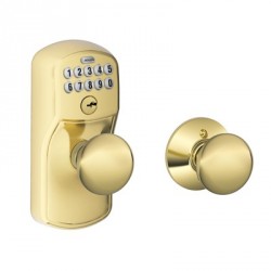 Schlage FE575 PLY PLY Plymouth Keypad Entry Lock w/ Plymouth Knob & Auto-Lock, Lifetime Bright Brass
