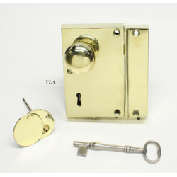 D. C. Mitchell T7-1 vertical Brass Privacy Lock, 5 -3/4" x 3 -7/8" w/ 1 -3/4" Round Knob